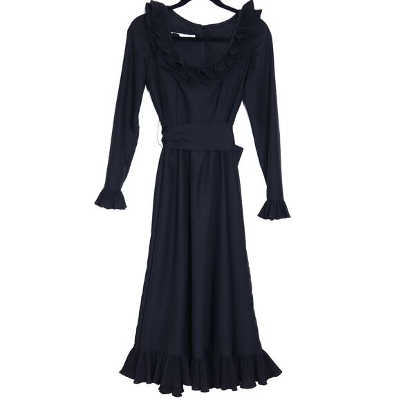 VICTOR COSTA Vintage 90s Midi Dress Black Ruffled Trim Long Sleeve Women's 4 - Picture 1 of 9